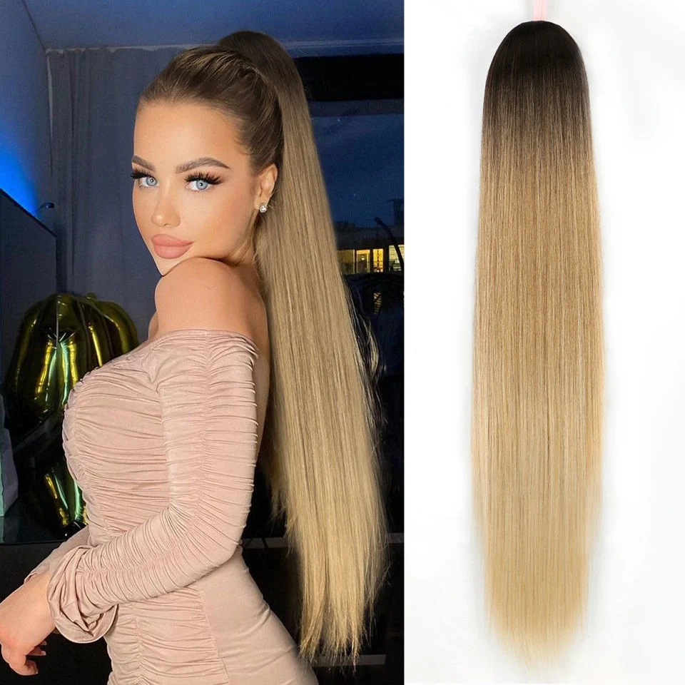 26inch Synthetic Blonde Ponytail Long Straight Drawstring Ponytail Hair Extensions Hairpiece