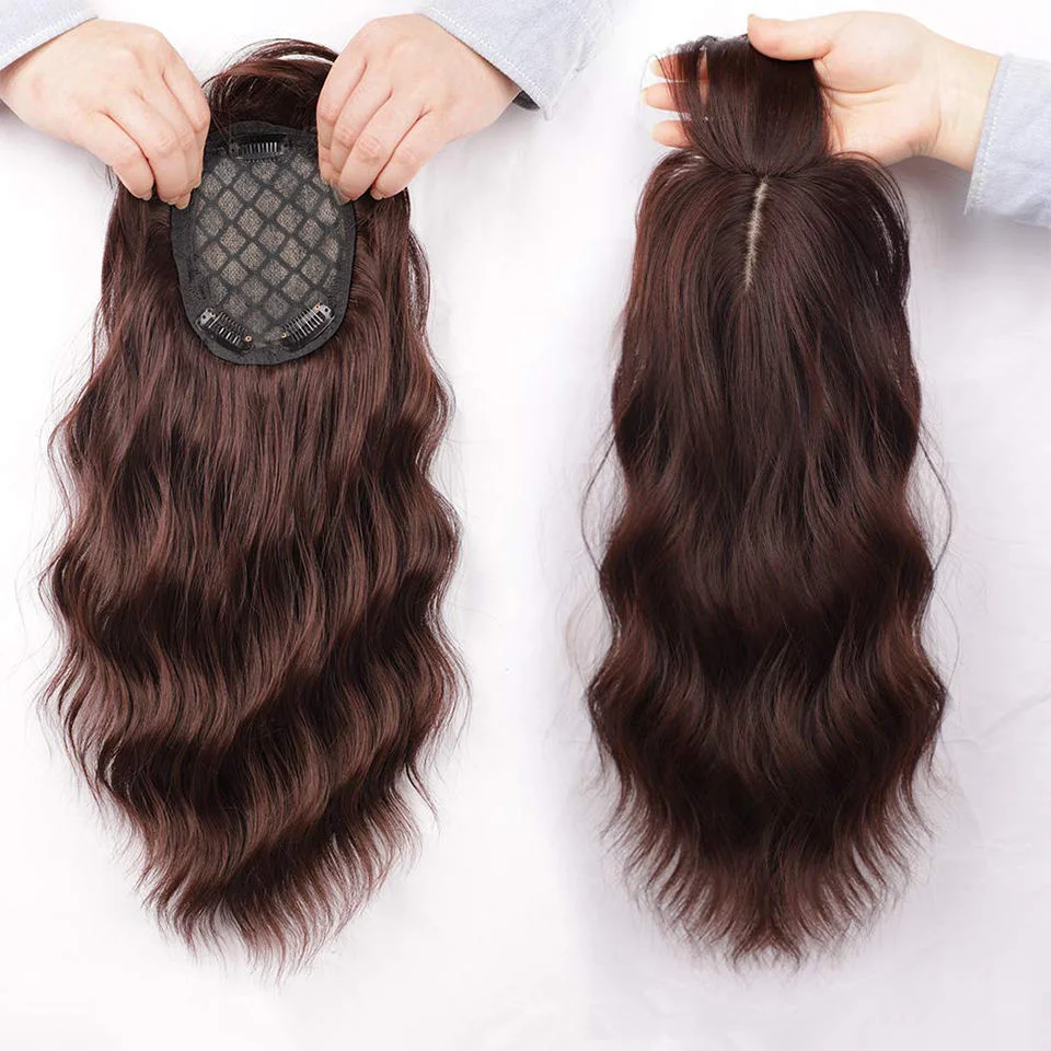 Women Clip in Extensions 4X5inch Topper Hairpiece Invisible Replacement Seamless Synthetic Hair Water Ripple Hair with Air Bangs